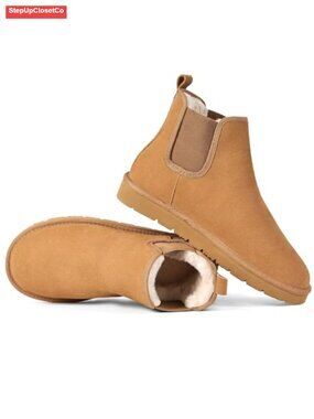 Genuine Suede Chelsea Ankle Boots Warm Fuzzy Lined Anti-Slip Winter Booties